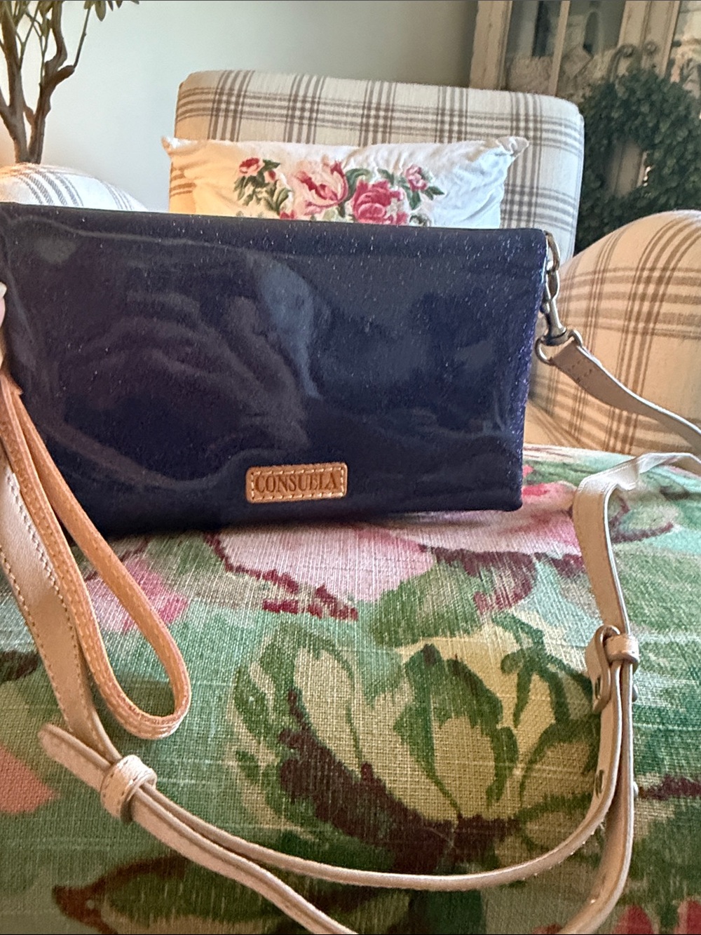 Consuela Navy Patent Crossbody with Tan Strap Accents